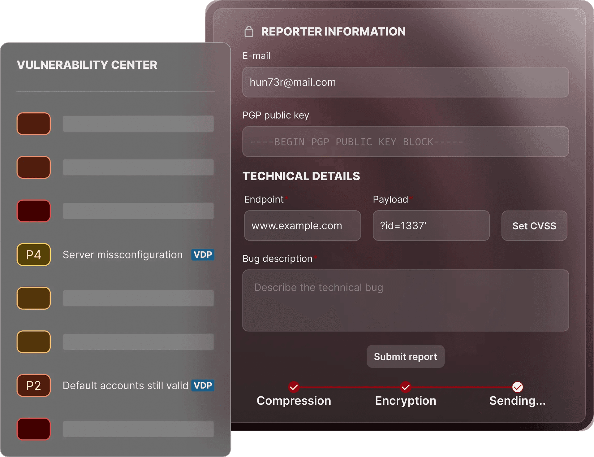 Formulaire de signalement sécurisé VDP de YesWeHack incluant le chiffrement PGP et la conformité aux normes ISO 29147 pour les chercheurs en sécurité.