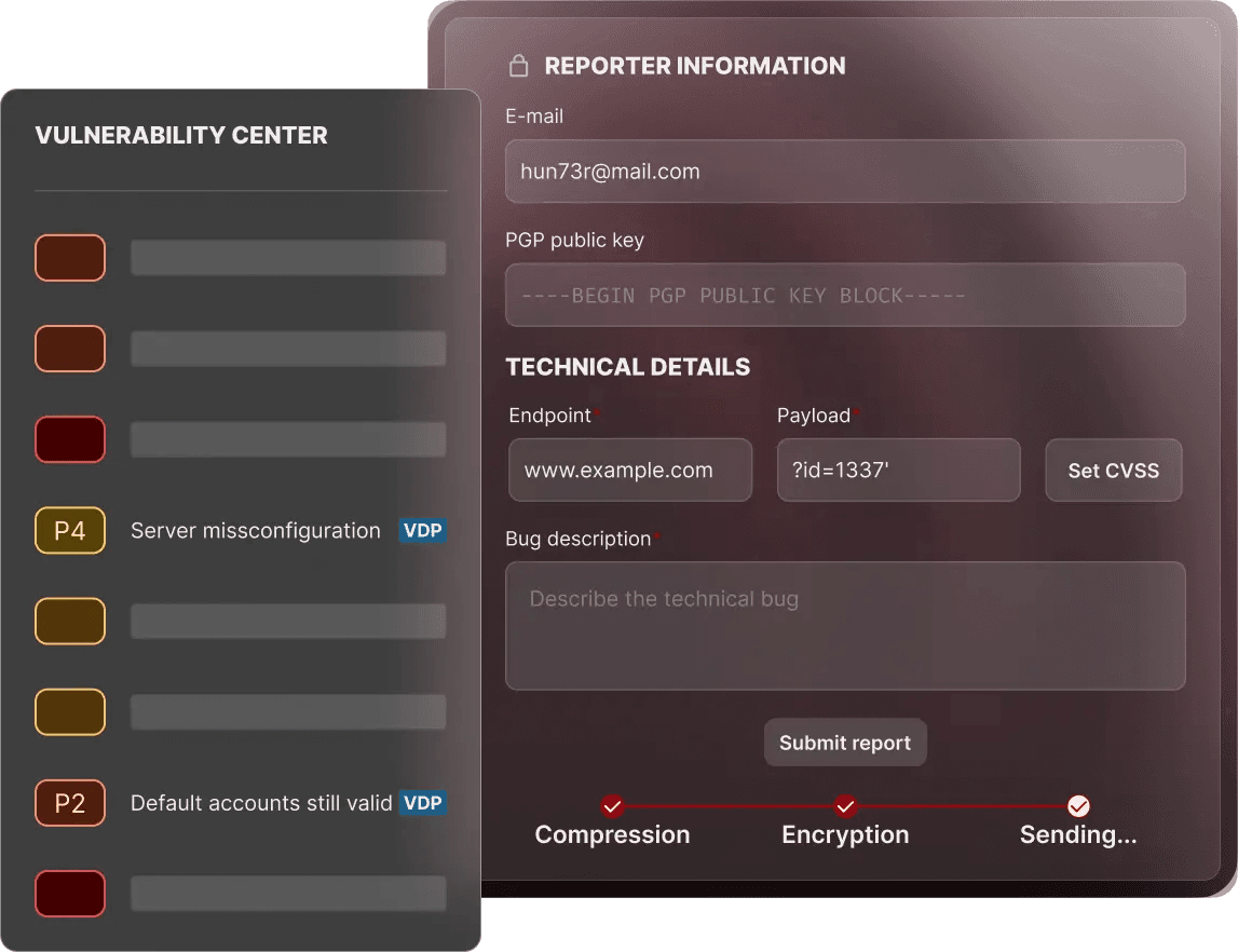 A secure VDP reporting form on YesWeHack showing technical details, PGP encryption, and compliance with ISO 29147 standards.
