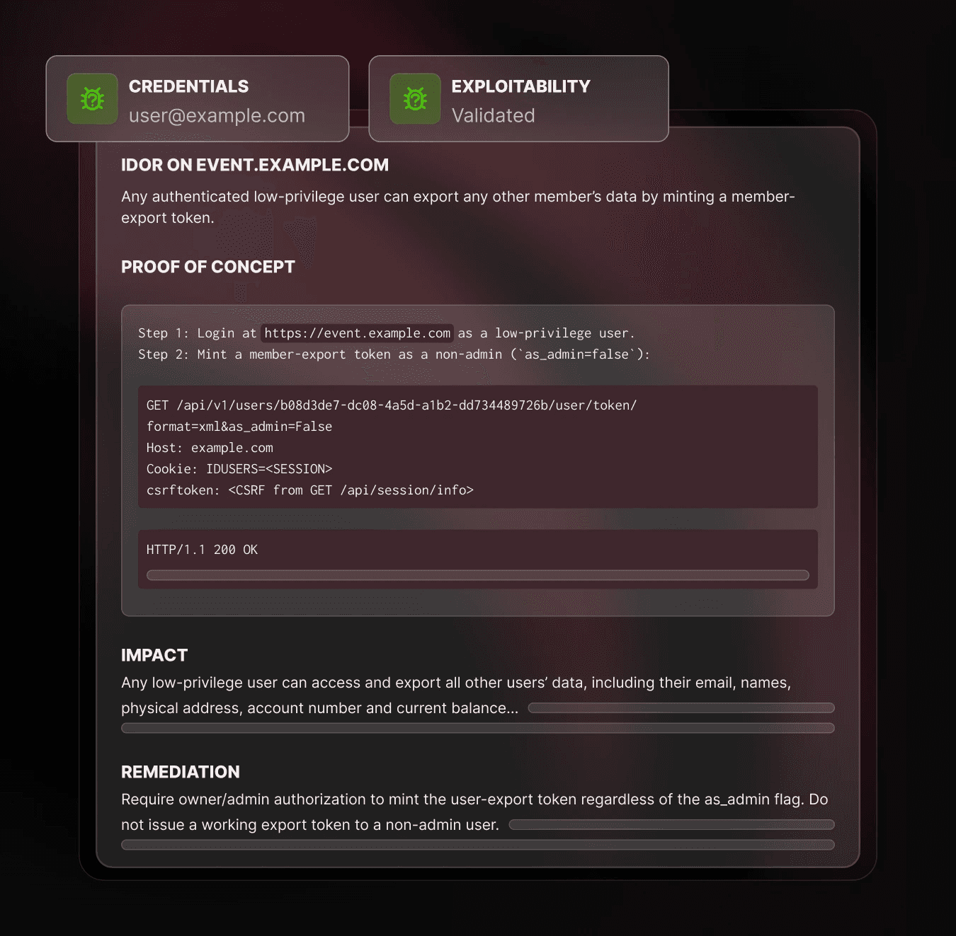 An agent-based pentest report interface showcasing a validated IDOR flaw on an external asset, including the HTTP request code snippet, business impact, and code remediation.