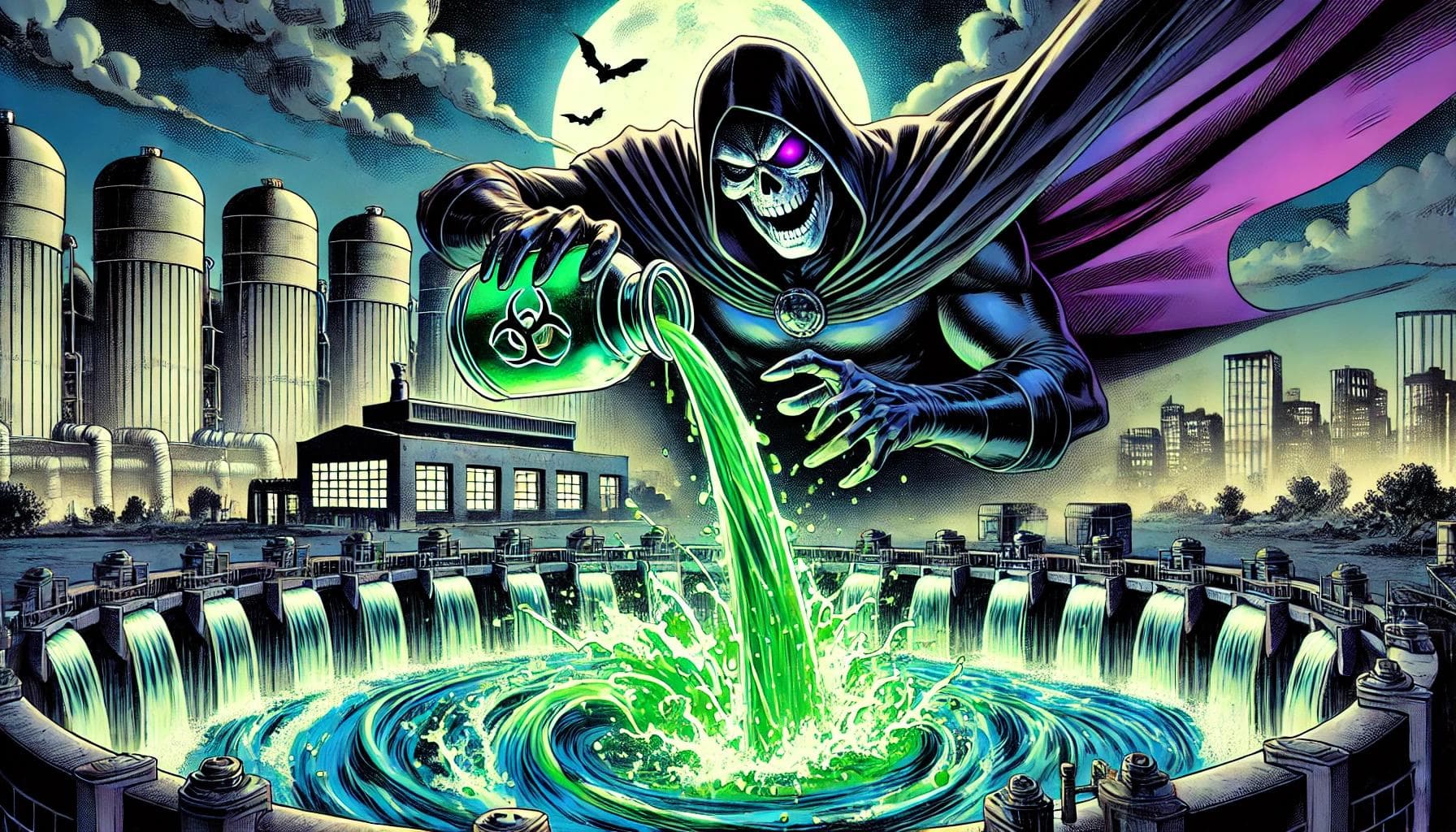 Model poisoning attack by supervillain in post-apocalyptic landscape, poisoining the water supply